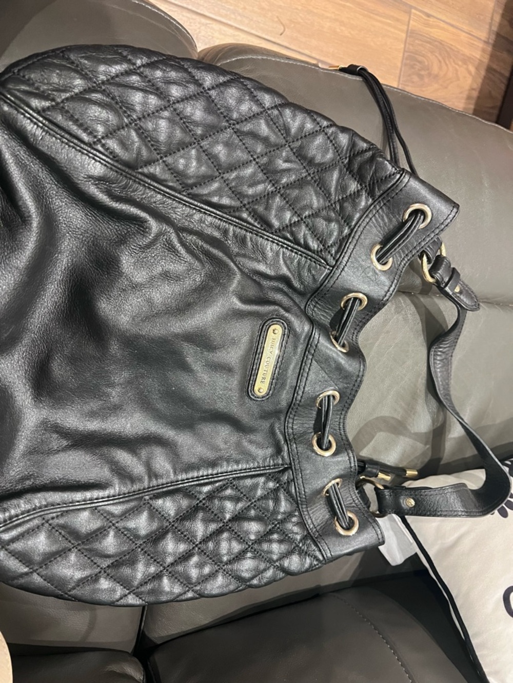 Juicy Couture Black Quilted Leather Drawstring Tote with Gold Hardware